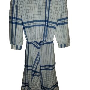 Elegant Blue Checkered Long Sleeve Dress